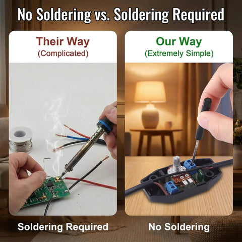 Comparison image showing Two Pack Upgraded Inline Dimmer Switch For Lamp Cord Black setup, no soldering vs soldering required.