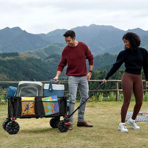 Heavy Duty Collapsible Wagon With Brakes For All Terrain Wheels in use during outdoor camping