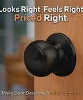 Matte Black Passage Interior Door Knob Set Heavy Duty Easy Install Reversible For Bedroom Bathroom And Closets ANSI Grade 3 Certified 6 Pack No Locking Mechanism For Easy Access shown installed on a wooden door.