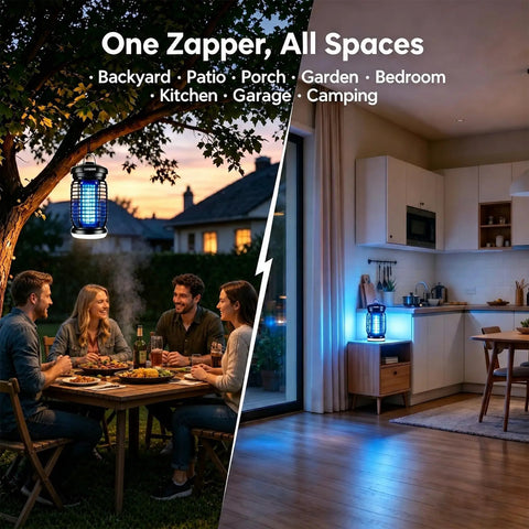 Bug Zapper Outdoor and Indoor Dual Use With UV LED Light 4200V High Voltage Waterproof Insect Killer in yard and kitchen setting