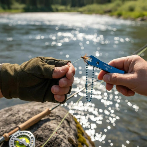 Person using Stainless Steel Fishing Line Nipper Cutter With Keychain For Fly Fishing Dope Compact Tool by the river.