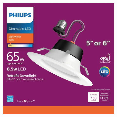 Flicker Free LED Recessed Downlight Fits 5 Inch Or 6 Inch Can Dimmable EyeComfort 750 Lumen Soft White 2700K 8.5W Equal 65W E26 Base Title 20 Certified 6 Pack Energy Efficient Interior Lighting packaging showing soft white light option.