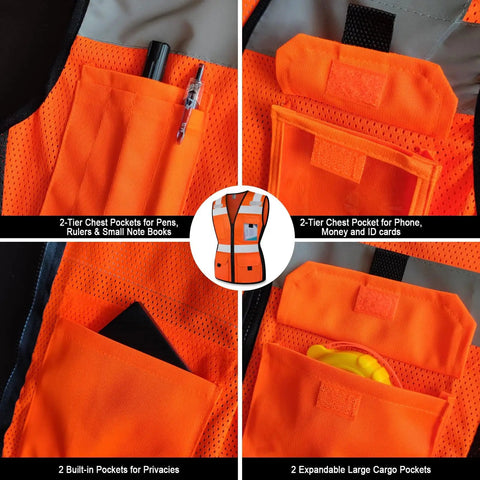 Womens Slim Fit Reflective Safety Vest With 11 Spacious Pockets Breathable Mesh High Vis Orange Work Gear detailed pocket features
