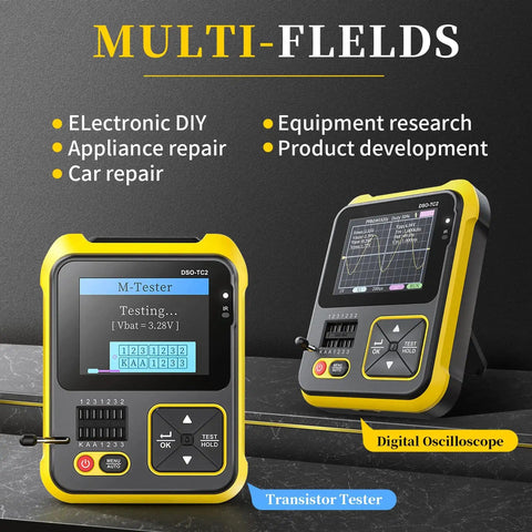 2 In 1 Handheld Digital Oscilloscope And LCR Transistor Tester Kit With PWM Signal Generator displayed on a black background.