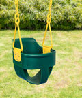 High Back Full Bucket Toddler Swing Seat With Finger Grip And No Pinch Plastic Coated Chains And Carabiners in bright green outdoors