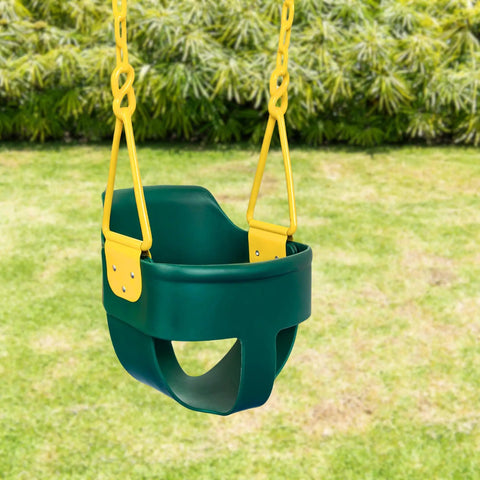 High Back Full Bucket Toddler Swing Seat With Finger Grip And No Pinch Plastic Coated Chains And Carabiners in bright green outdoors