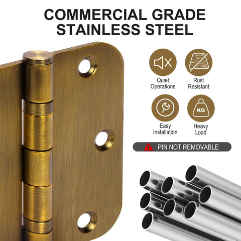Close-up of Six Pack Heavy Duty Three And A Half Inch Stainless Steel Door Hinges With Five Eighth Inch Rounded Corners Non Removable Pin