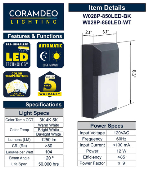 Go To Outdoor Sconce Wall Pack Light 2 Pack Built In LED 12W To 100W Wet Location Black Cast Aluminum with product specs chart
