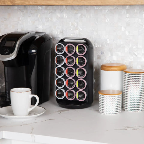 30 Pod Capacity Single Serve Coffee Pod Storage, Countertop Carousel Organizer In Black on kitchen counter