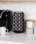 Single Serve Coffee Pod Carousel Organizer, 35 Pod Capacity, Lazy Susan Metal Mesh Design on kitchen counter near coffee maker.
