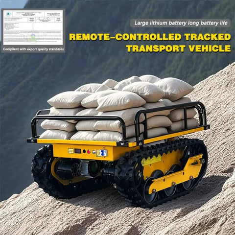 Remote Control Roller Dolly For Heavy Equipment Workhorse Style Battery Powered Load Moving Skate With Wireless Controller And 360 Degree Turntable For Quick Easy Industrial Warehouse Transport tracked loader carrying sacks on rocky slope
