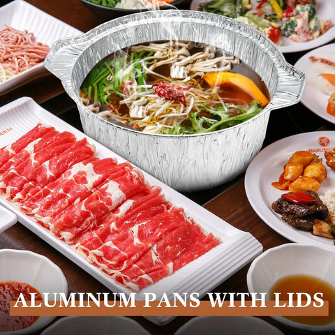 12 Pack Disposable Aluminum Pots With Lids Set For Camping And Travel Cooking shown with hot pot meal