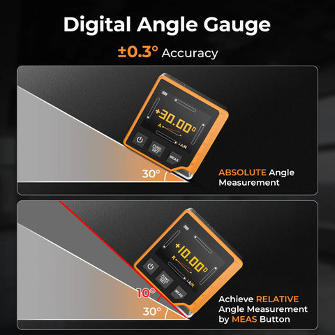 Three In One Laser Measure With 262 Ft Range, Digital Angle Finder And Digital Level, Pro Grade Tool For Pros On The Job, Ultra Fast 0.3 Second Readings, Plus Minus One Sixteenth Inch Accuracy, Six Unit Options M In Ft Ft Plus In Cm Mm showing digital angle gauge