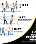 Display of portable 14 foot multi sport net for badminton, pickleball, tennis, and soccer tennis with foldable poles in different sizes.