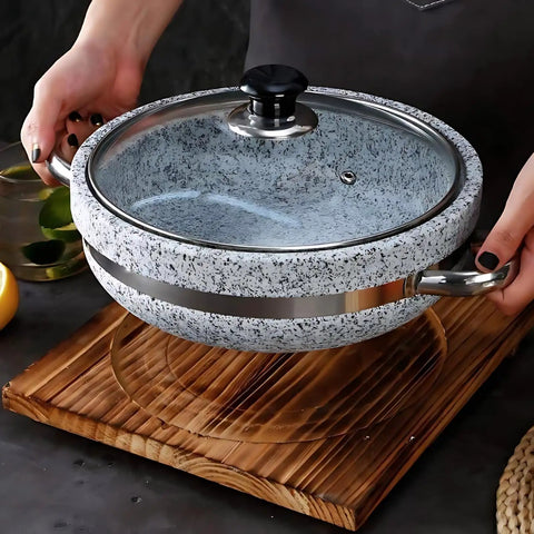Person holding Heavy Duty Thick Granite Stone Bowl With Wood Base And Glass Lid Induction Ready Donabe Style Pot 30 Cm