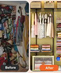 Before and after comparison using Six Tier Closet Hanging Organizer With Four Heavy Duty Hooks And Five S Hooks, Wire Storage Baskets