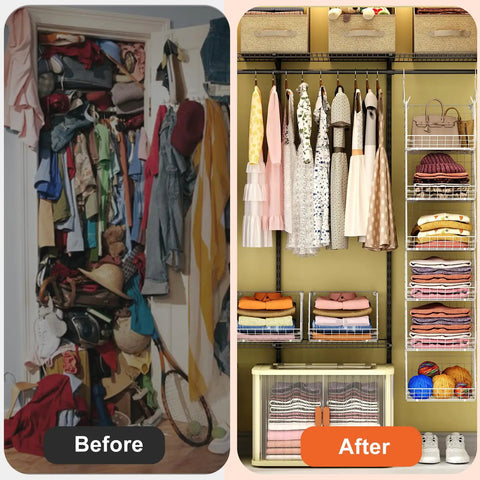 Before and after comparison using Six Tier Closet Hanging Organizer With Four Heavy Duty Hooks And Five S Hooks, Wire Storage Baskets