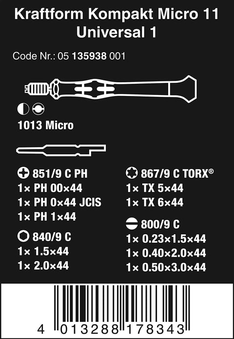 Diagram of Kraftform Kompakt Micro 11 Universal Precision Screwdriver Set With Interchangeable Blades detailing parts and specifications.