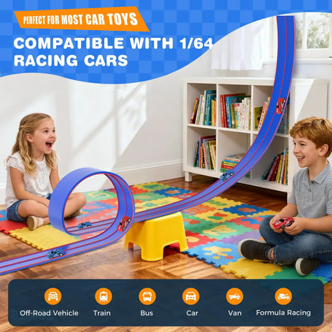 Kids playing with Dual Side By Side 15 Foot Flexible Race Track Set For Kids With Reinforced Suction Cup Flex Tracks Compatible With Hot Wheels