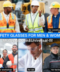 Heavy Hitting Job Site Staples With Crush Proof Clear Lenses Deliver Knockout Durability And Top Tier Ansi Certification In A Smart Bulk Pack Of Six Scratch Resistant Safety Glasses For Men And Women worn by diverse professionals at construction and lab.