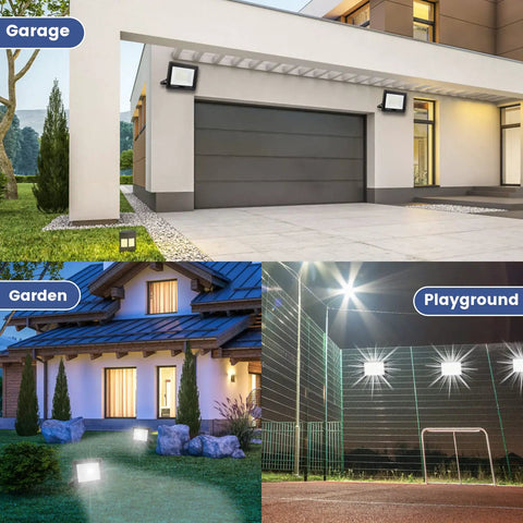 Outdoor LED flood lights installed in garage, garden, and playground, highlighting versatility of 2 Pack 60W Outdoor LED Flood Lights With Switch, IP66 Waterproof 6000K Daylight, 6000 Lumens Each, 9.8 Ft Wire, Plug In Work Light For Garage Yard Patio Front Door, Energy Efficient AC 85-265V
