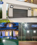 Two Pack 240W LED Flood Light Outdoor, 24000 Lumens illuminating garage, garden, and playground areas, IP66 waterproof.