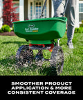 Person using Turf Builder EdgeGuard Mini Broadcast Spreader For Lawns on green lawn