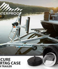 Heavy Duty Discreet Apple AirTag Trailer Jack Mount Keep Your Whip Out Of Sight Crush Fit Waterproof Universal Tracking Stand For Boats Rv Jet Skis And Utility Trailers on a trailer beside a lake.