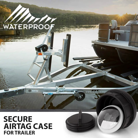 Heavy Duty Discreet Apple AirTag Trailer Jack Mount Keep Your Whip Out Of Sight Crush Fit Waterproof Universal Tracking Stand For Boats Rv Jet Skis And Utility Trailers on a trailer beside a lake.
