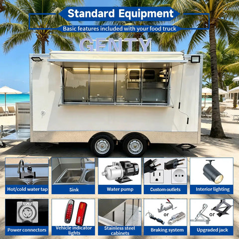 Premium White Food Truck 13ft Heavy Duty Fiberglass Mobile Beverage Cart With Cozy Seating Hella Durable Setup showcasing exterior equipment.