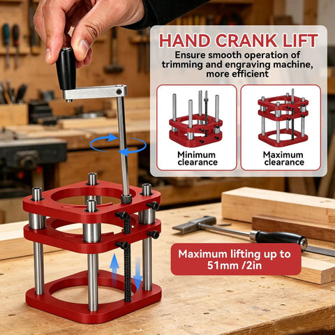 Heavy Duty Router Lift With Reinforced Top Plate Aluminum Alloy And Steel Manual Raise System Slick Height Adjustments For Table Insert Woodshop Builds Black, showing hand crank lift mechanism.