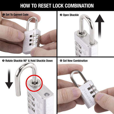 Set Your Own Small Aluminum Lock For Travel Backpacks Cabinets And Zippers With A Three Digit Code and reset instructions.