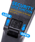 Close-up of Pro Grade Wire Stripper with Cutter and Self Adjusting Mechanism security lock function detail in black material.