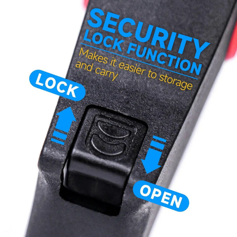 Close-up of Pro Grade Wire Stripper with Cutter and Self Adjusting Mechanism security lock function detail in black material.