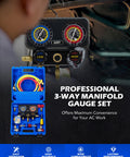 Three Way AC Pro Grade Manifold Gauge Set With Hoses And Quick Couplers For R1234yf R134a R404a in carrying case