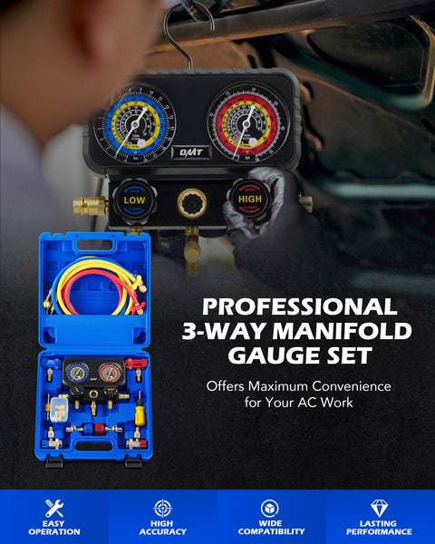 Three Way AC Pro Grade Manifold Gauge Set With Hoses And Quick Couplers For R1234yf R134a R404a in carrying case