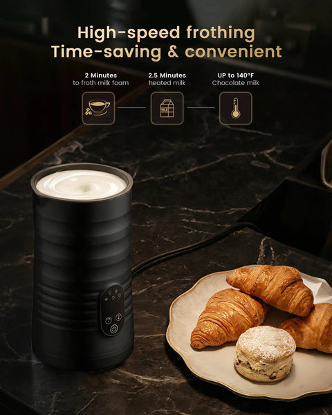 Cafe-Style Barista-Grade Milk Foam Maker And Frother With Temperature Display, 350ml Capacity on kitchen counter with pastries.