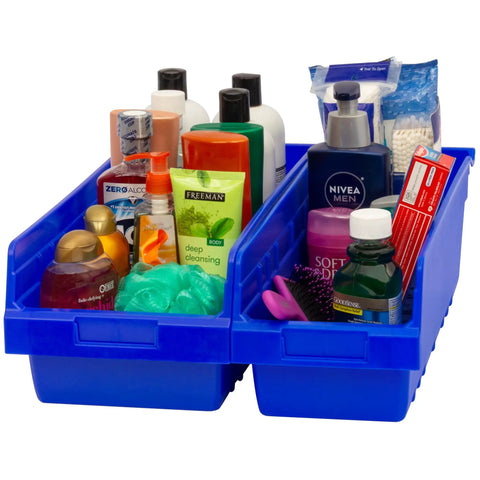 ShelfMax Plastic Nesting Storage Bins Box Set, 18-Inch L x 8-Inch W x 6-Inch H, Blue, Case of 8, holding toiletries for organization.