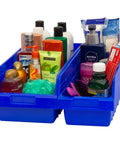 Blue Plastic Shelf Bins For Pantry Organization, Tough And Durable Nesting Bin Boxes, 18 Inch Long By 6 Inch Wide By 6 Inch High, 10 Pack Industrial Grade Storage filled with toiletries.