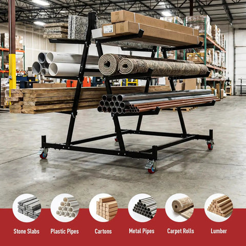 Heavy Duty 3 Tier Lumber Storage Rack Built Like A Tank 1000 Lb Capacity Adjustable Steel Pipe Rack with stored lumber and pipes.
