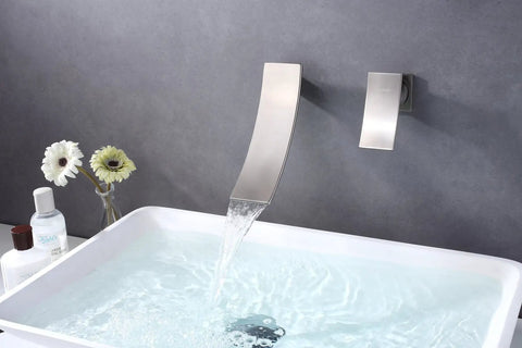 Wall Mount Bathroom Faucet With Waterfall Spout In Brushed Nickel, Single Handle Sink Faucet for a sleek dope look above white basin