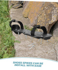 Pro Grade Lawn Aerator Shoes With 20 Heavy Duty Metal Spikes on rocks showcasing durable garden spikes and straps.
