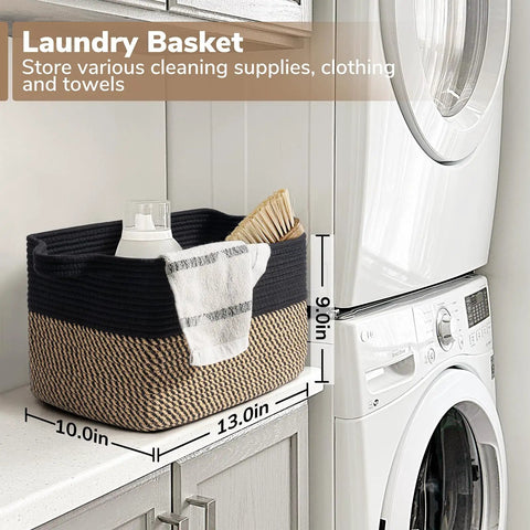 Slick Cotton Rope Storage Basket For Shelves 13X10X9 Inches Solid Woven Cube Bin No Sweat Shelf Organizer Soft Yet Sturdy Black Decorative Basket Real Deal Home Solution