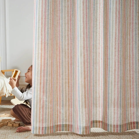 Child playing behind Candy Stripe Linen Curtains For Kids Room Two Panels 96 Inch Length Kid Friendly Grommet Window Treatments