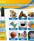 Diagram showing uses of All Purpose Cyanoacrylate Glue Quick Dry Instant Bond 24 Pack 3g Tubes for wood, shoe, plastic, and more.