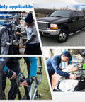 Automotive tools collage showing motorcycle repair, bicycle wheel maintenance, car engine work, and pickup truck service.