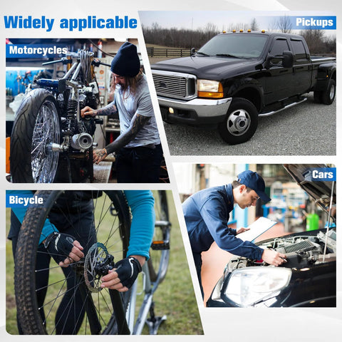Automotive tools collage showing motorcycle repair, bicycle wheel maintenance, car engine work, and pickup truck service.