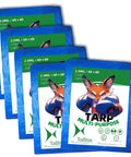 Five 6x8 Foot Waterproof Tarp Pack for Camping and DIY Use 2.5 Mil Lightweight All Weather, blue tarps stacked with fox graphic