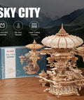 3D Wooden Puzzle Kit for Adults With SkyCity Cityscape, 600 Plus Pieces, Mind Blowing Mechanical DIY Craft That Doubles as a Music Box, Perfect STEM Toy Gift for Puzzle Fans and All Occasions, assembled wooden cityscape and box