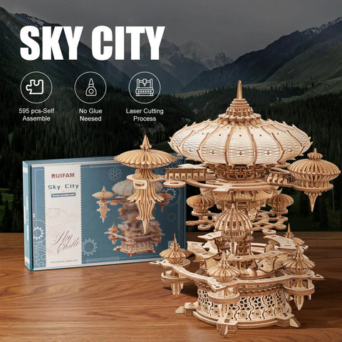 3D Wooden Puzzle Kit for Adults With SkyCity Cityscape, 600 Plus Pieces, Mind Blowing Mechanical DIY Craft That Doubles as a Music Box, Perfect STEM Toy Gift for Puzzle Fans and All Occasions, assembled wooden cityscape and box